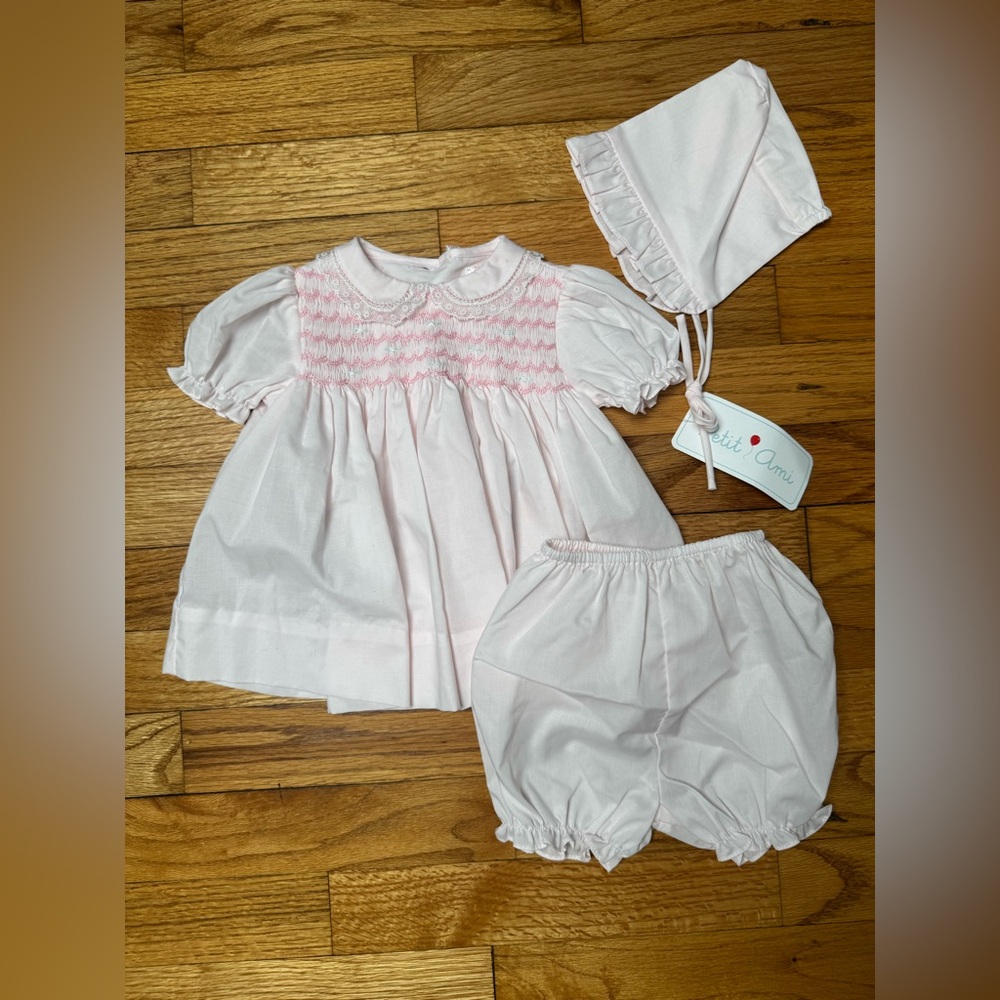 Petit Ami. Pale pink dress with bloomers and bonnet. Newborn
